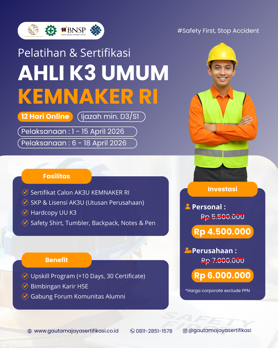 Pelatihan & Sertifikasi Ahli K3 Umum KEMNAKER Online Class 