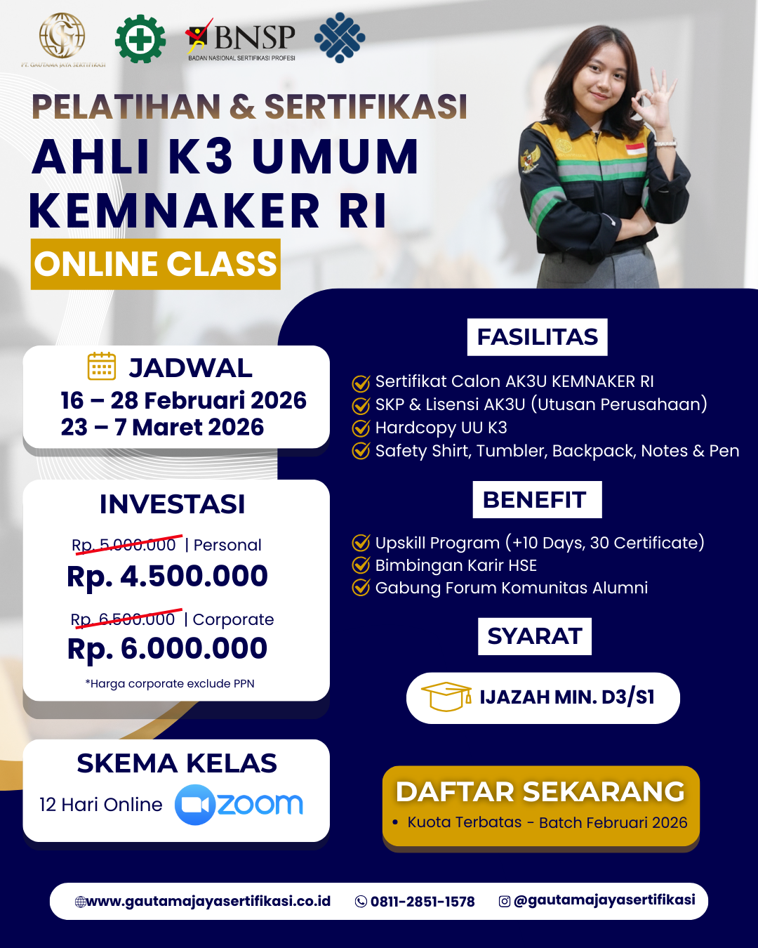 Pelatihan & Sertifikasi Ahli K3 Umum KEMNAKER Online Class 2