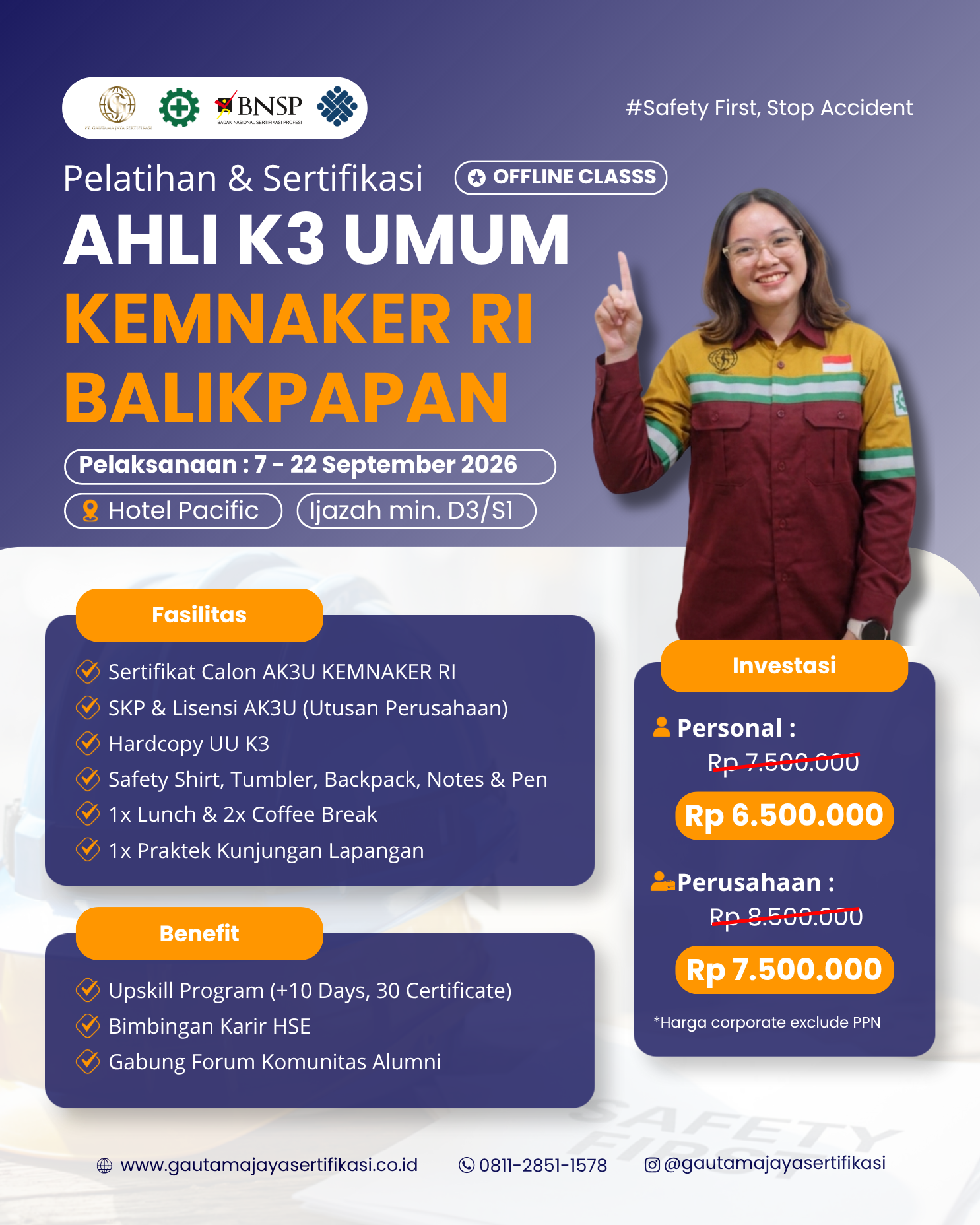 Pelatihan & Sertifikasi Ahli K3 Umum Kemnaker RI Regional Balikpapan Offline Class