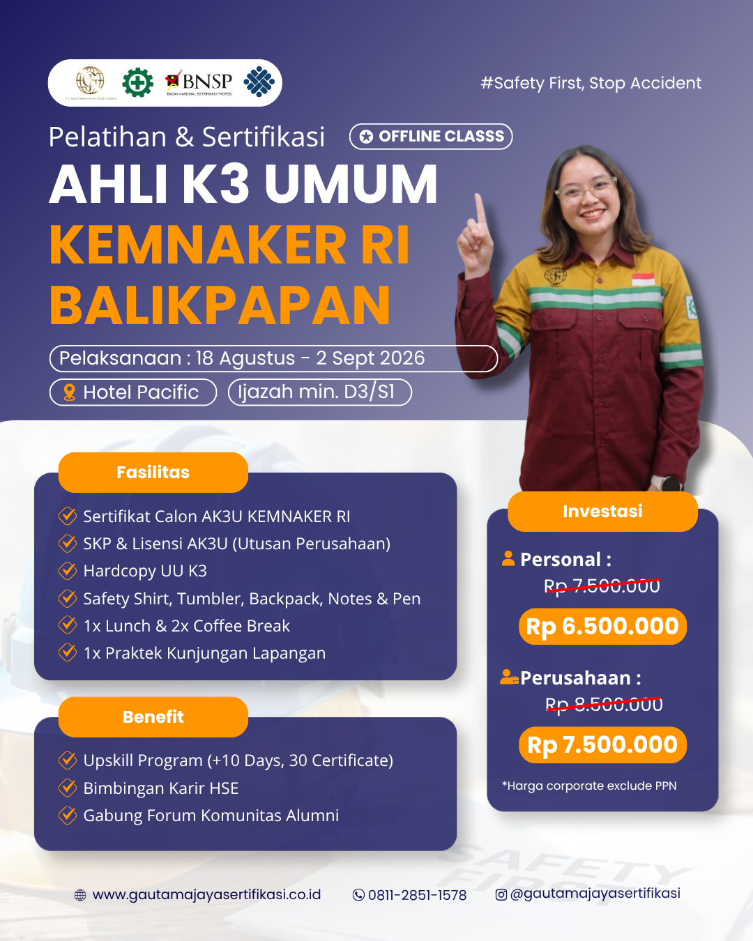 Pelatihan & Sertifikasi Ahli K3 Umum Kemnaker RI Regional Balikpapan Offline Class