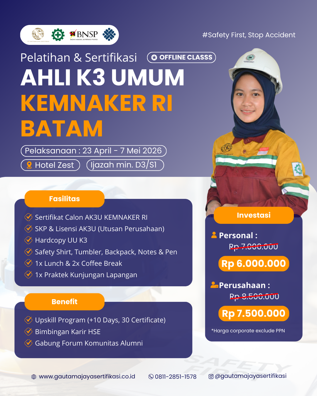 Pelatihan & Sertifikasi Ahli K3 Umum Kemnaker RI Regional Batam (Offline Class)