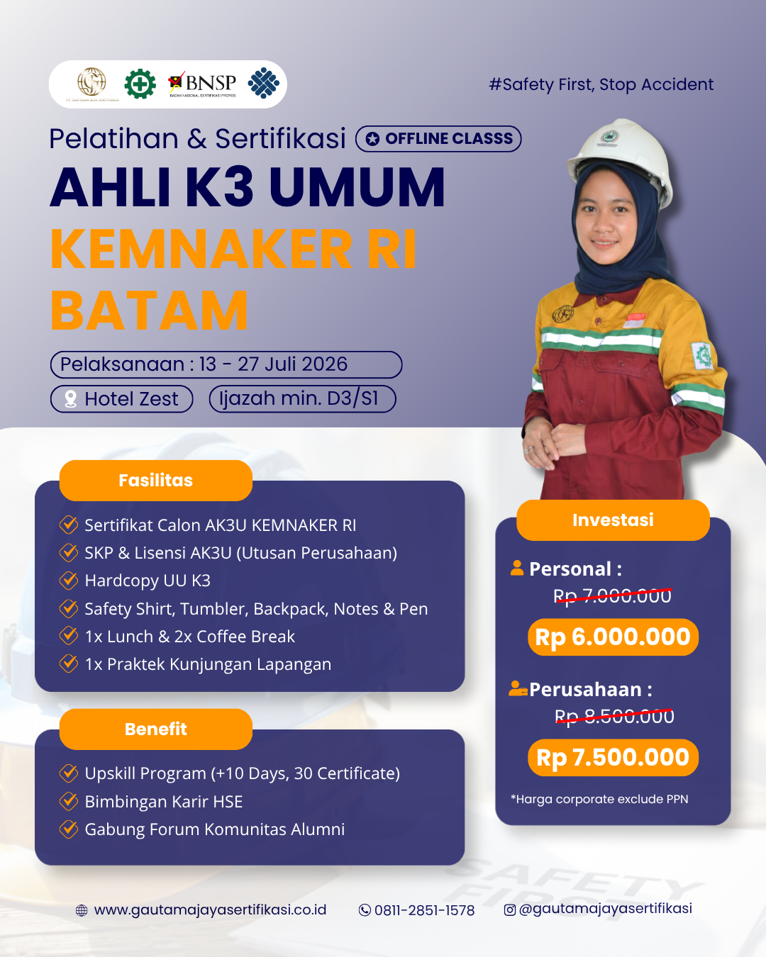 Pelatihan & Sertifikasi Ahli K3 Umum KEMNAKER RI Regional Batam (Offline Class)