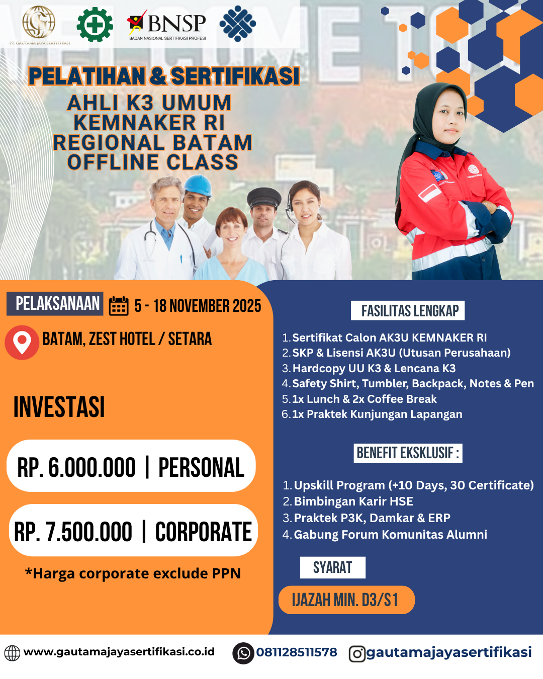 Pelatihan & Sertifikasi Ahli K3 Umum KEMNAKER RI Regional Batam (Offline Class)