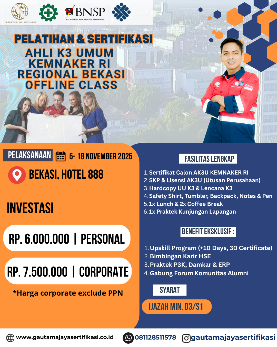 Pelatihan & Sertifikasi Ahli K3 Umum KEMNAKER RI Regional Bekasi (Offline Class)