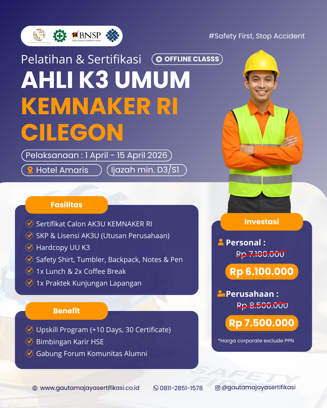 Pelatihan & Sertifikasi Ahli K3 Umum Kemnaker RI Regional Cilegon (Offline Class)