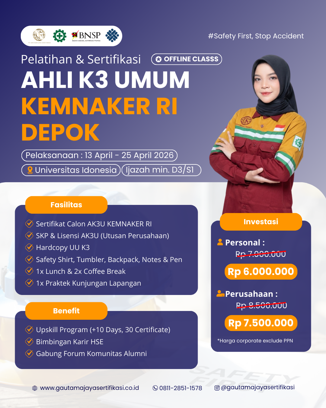 Pelatihan & Sertifikasi Ahli K3 Umum Kemnaker RI Regional Depok Offline Class