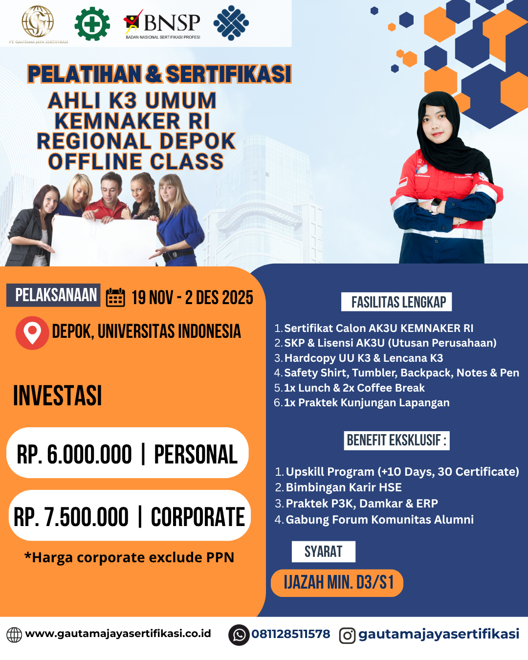 Pelatihan & Sertifikasi Ahli K3 Umum KEMNAKER RI Regional Depok (Offline Class)