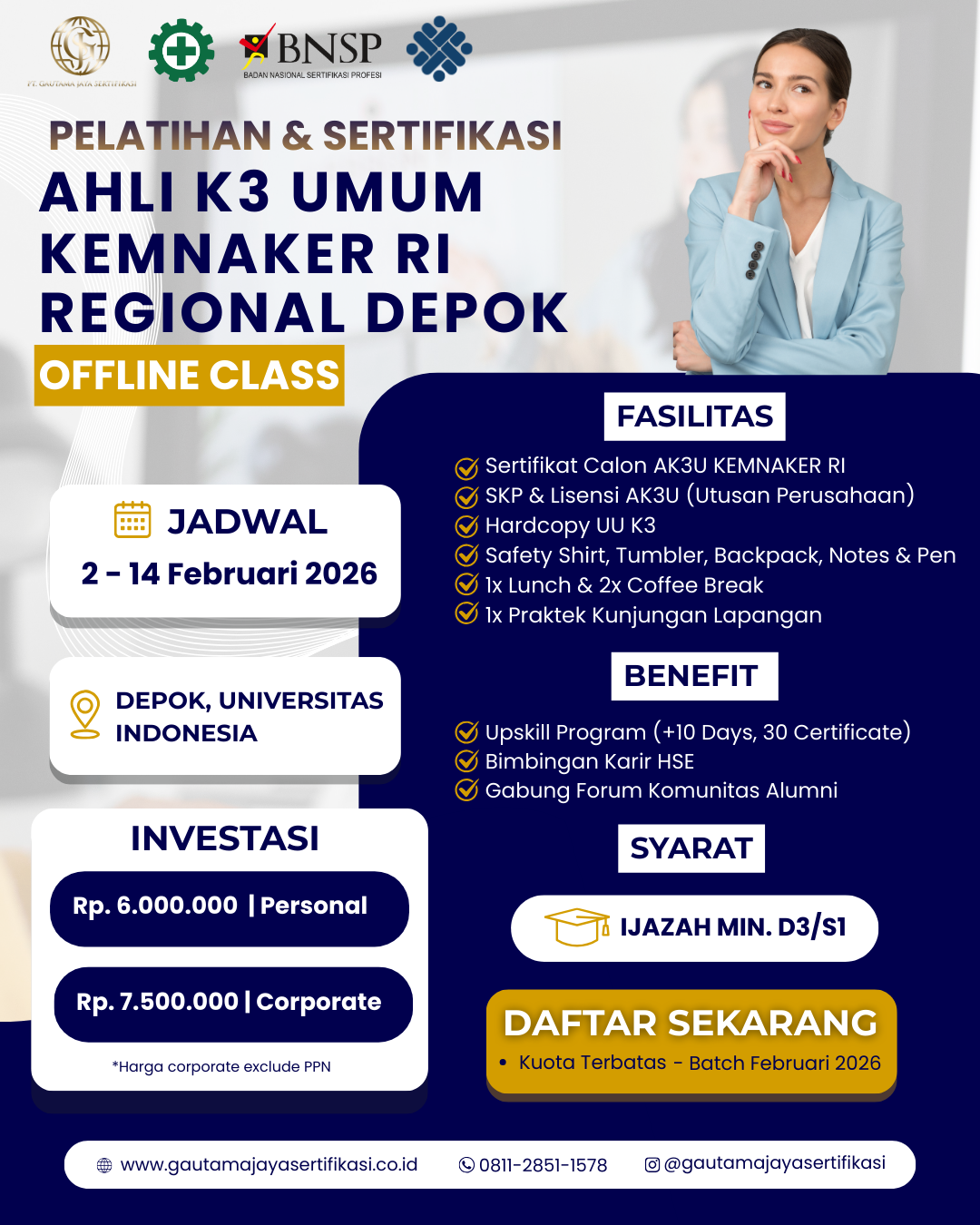 Pelatihan & Sertifikasi Ahli K3 Umum KEMNAKER RI Regional Depok (Offline Class)