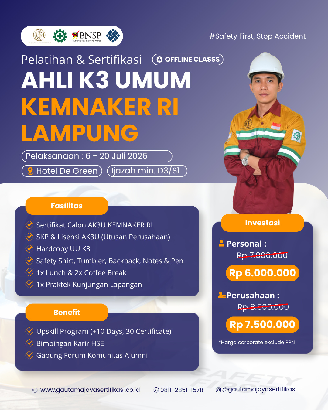 Pelatihan & Sertifikasi Ahli K3 Umum KEMNAKER RI Regional Lampung (Offline Class)