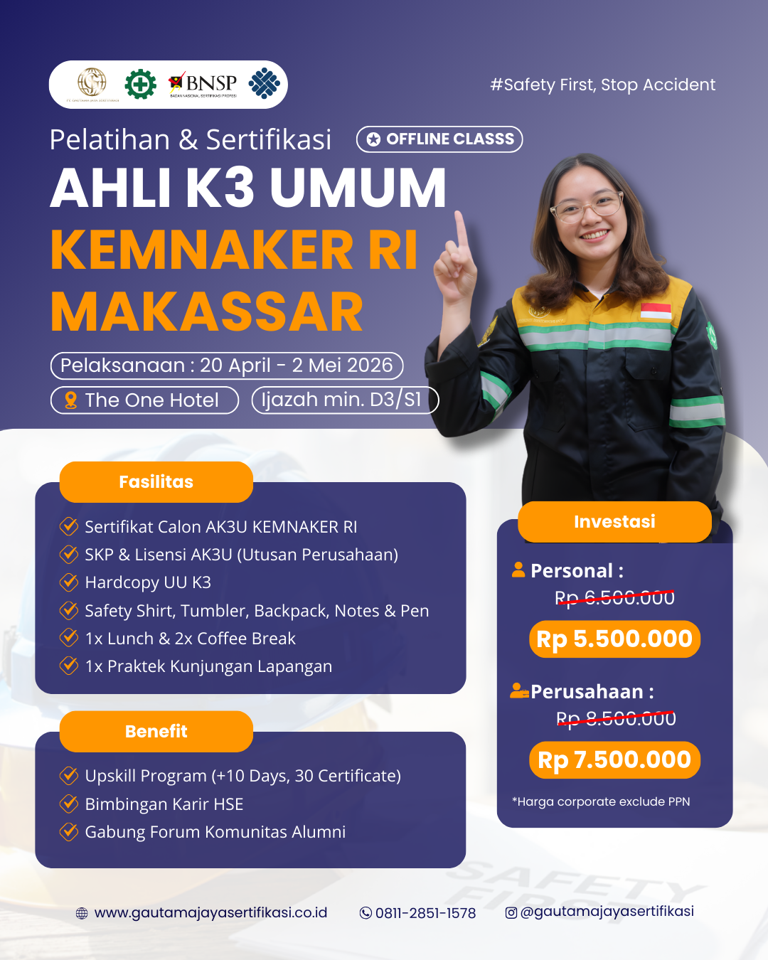 Pelatihan & Sertifikasi Ahli K3 Umum Kemnaker RI Regional Makassar Offline Class