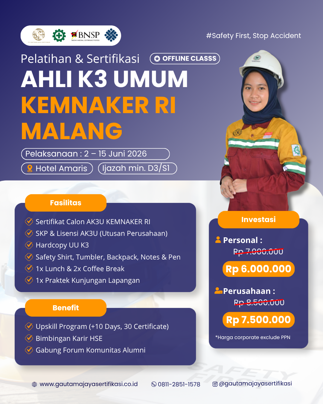 Pelatihan & Sertifikasi Ahli K3 Umum Kemnaker RI Regional Malang Offline Class