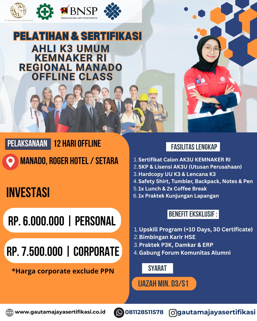 Pelatihan & Sertifikasi Ahli K3 Umum KEMNAKER RI Regional Manado (Offline Class)
