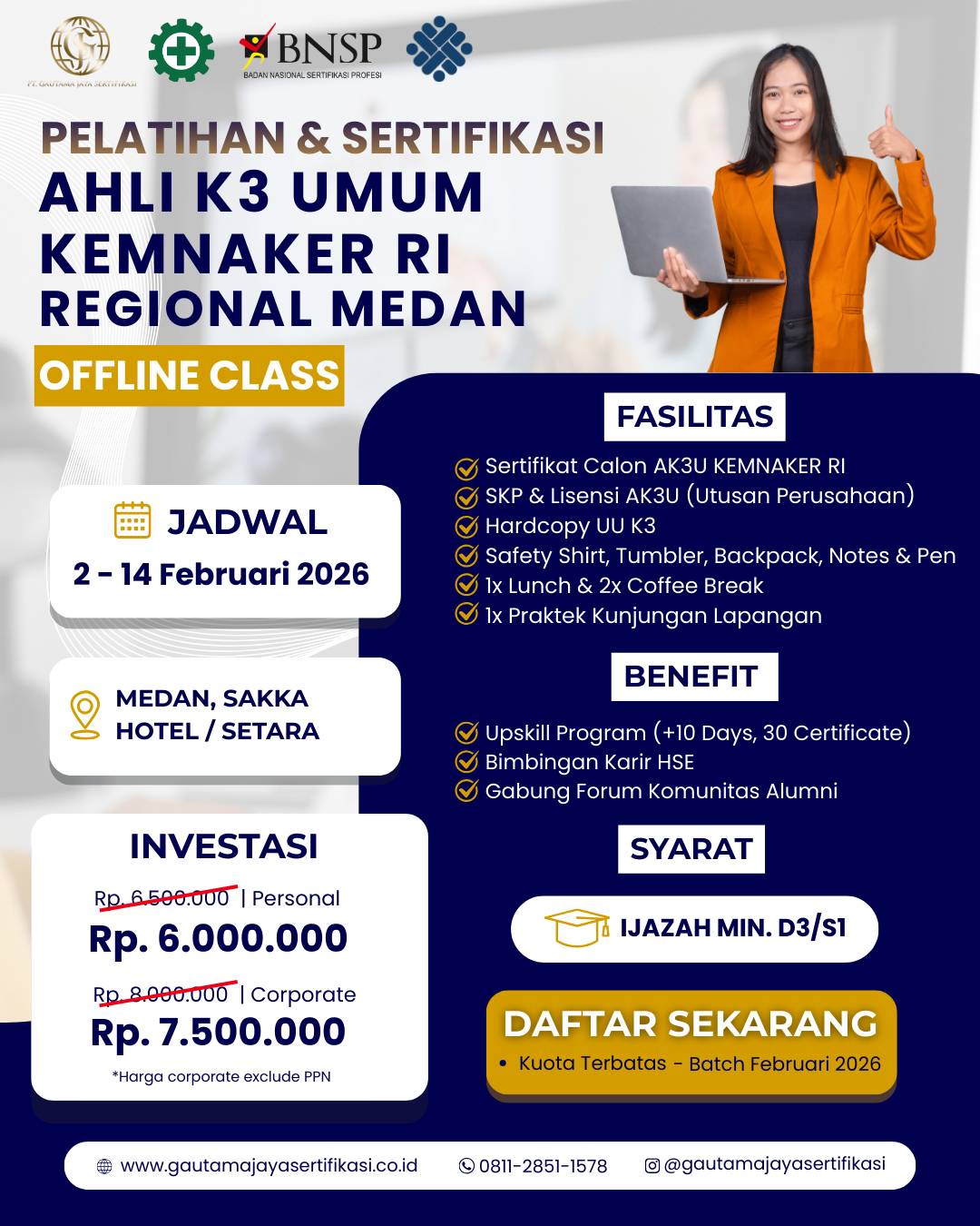 Pelatihan & Sertifikasi Ahli K3 Umum KEMNAKER RI Regional Medan (Offline Class) 