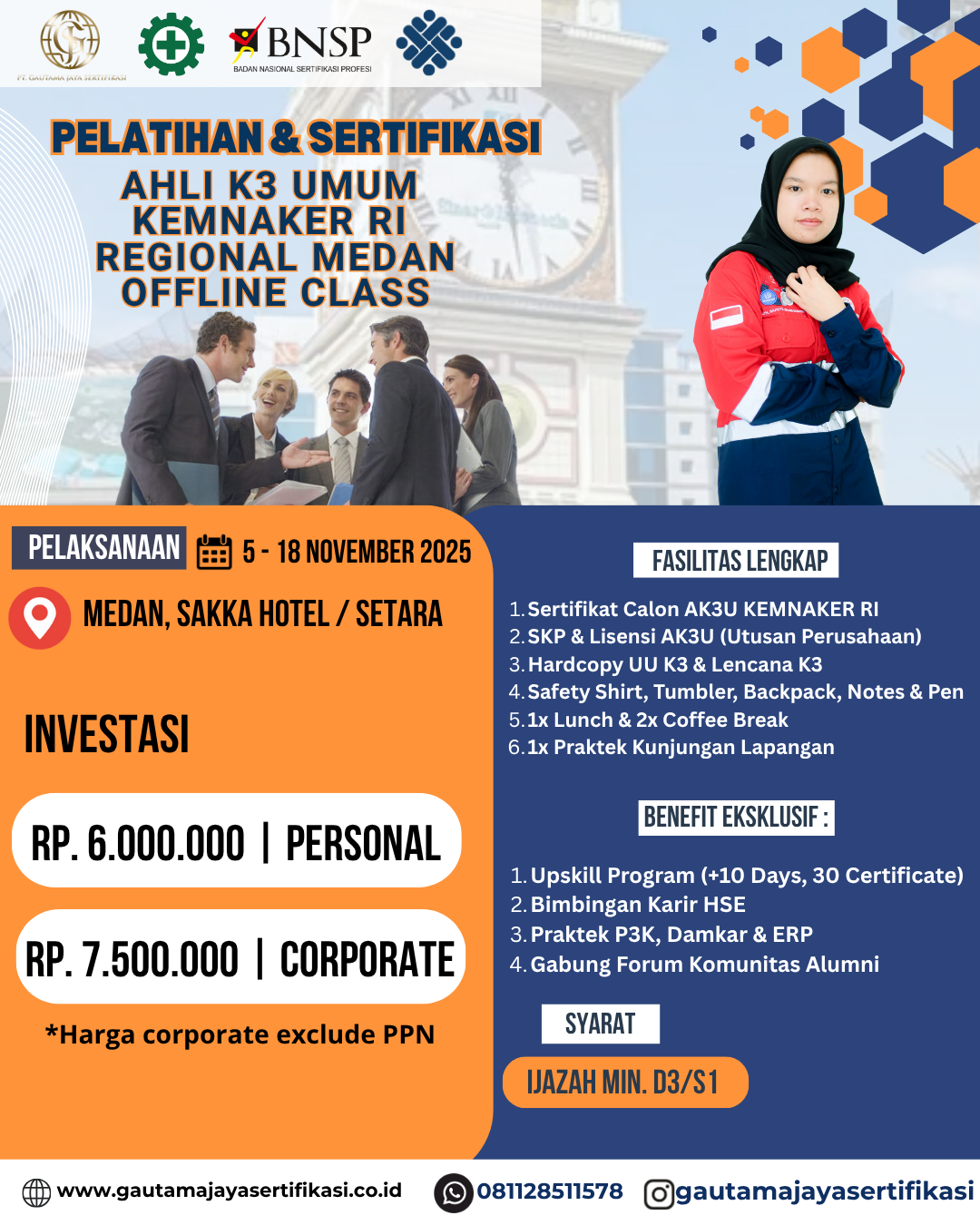 Pelatihan & Sertifikasi Ahli K3 Umum KEMNAKER RI Regional Medan (Offline Class)