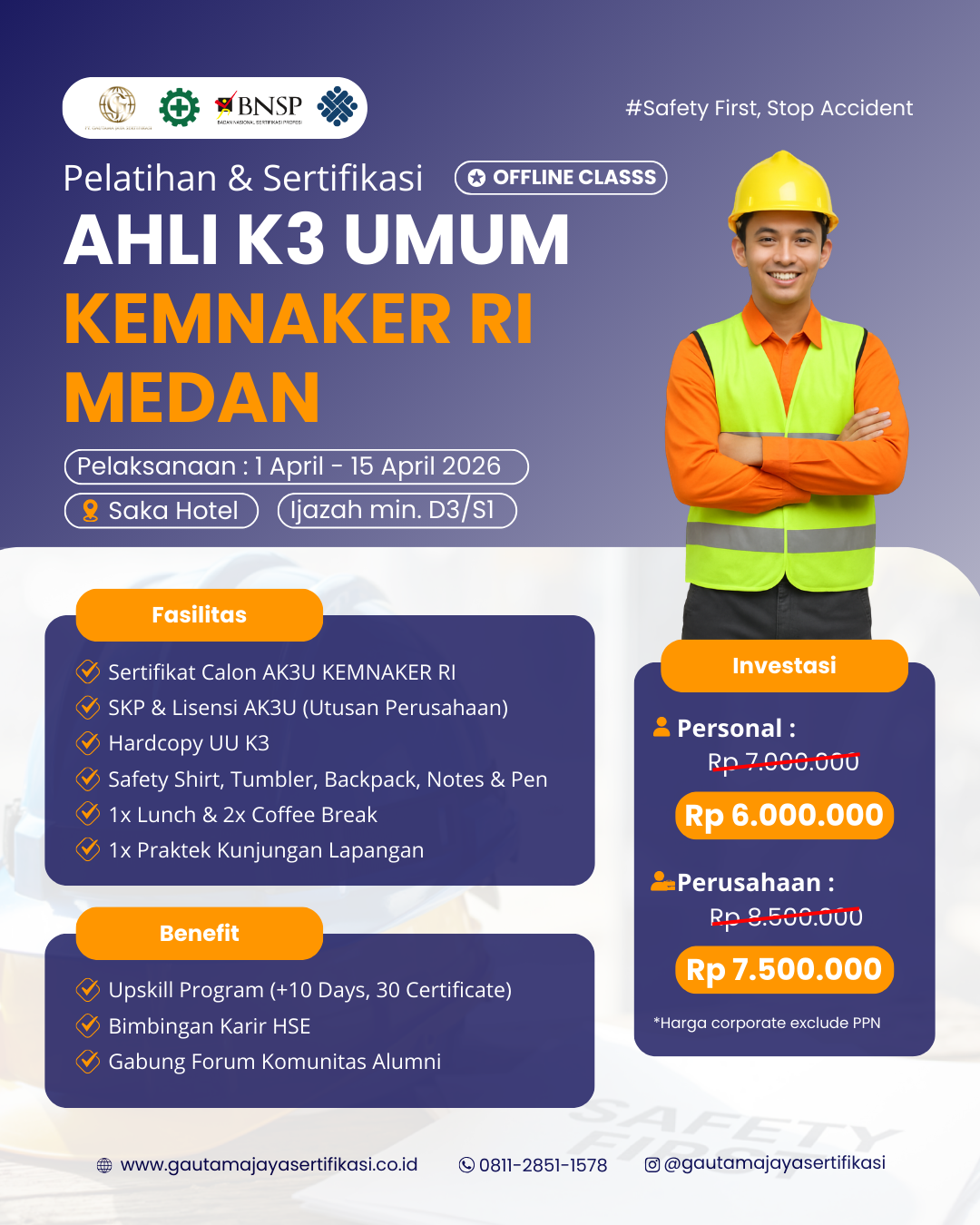 Pelatihan & Sertifikasi Ahli K3 Umum Kemnaker RI Regional Medan (Offline Class)
