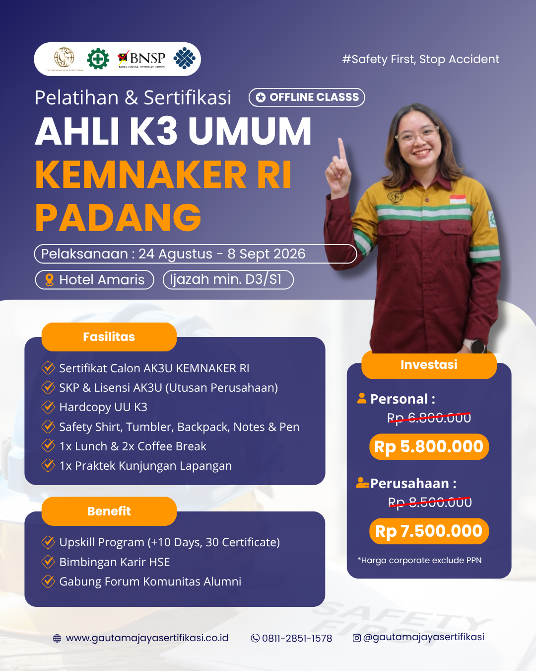 Pelatihan & Sertifikasi Ahli K3 Umum KEMNAKER RI Regional Padang 