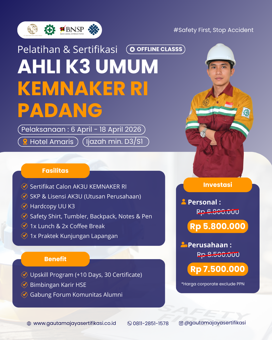 Pelatihan & Sertifikasi Ahli K3 Umum Kemnaker RI Regional Padang Offline Class