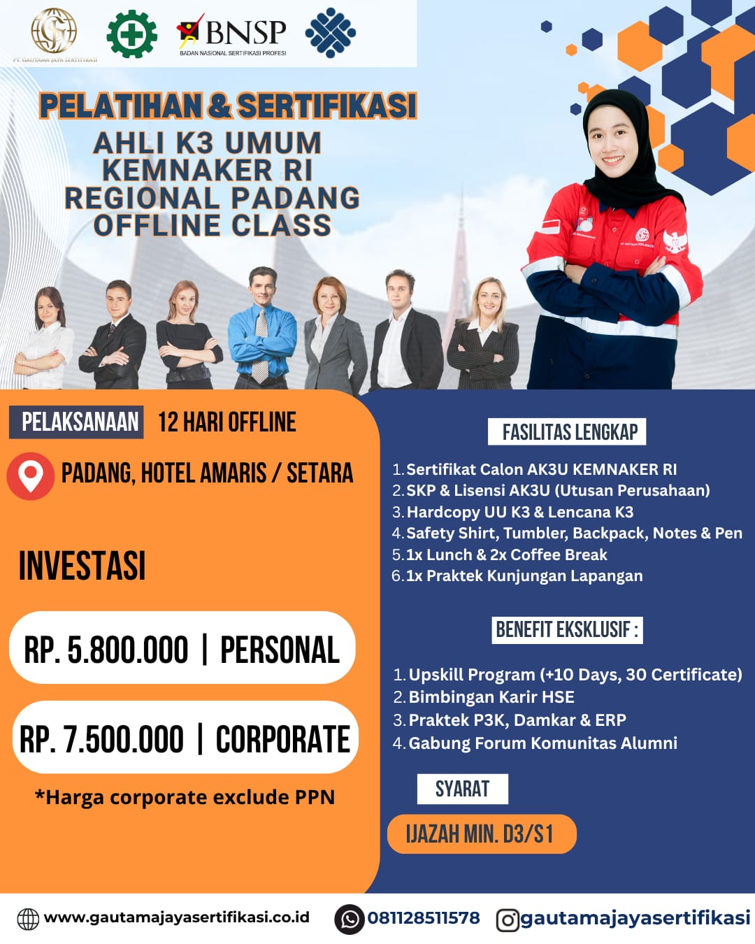 Pelatihan & Sertifikasi Ahli K3 Umum Kemnaker RI Regional Padang Offline Class