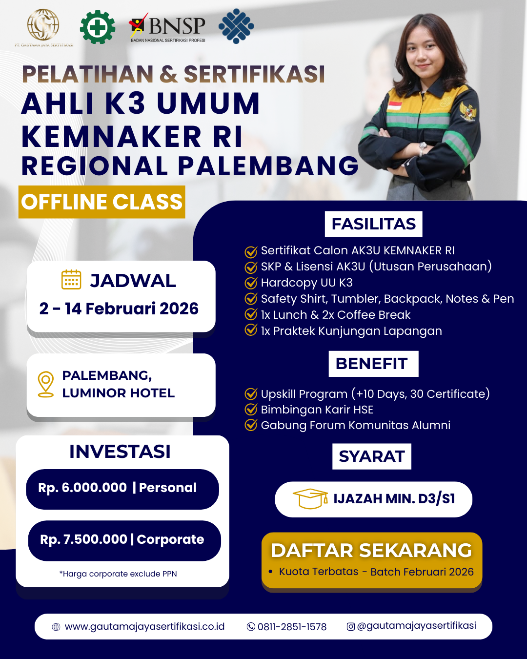 Pelatihan & Sertifikasi Ahli K3 Umum KEMNAKER RI Regional Palembang