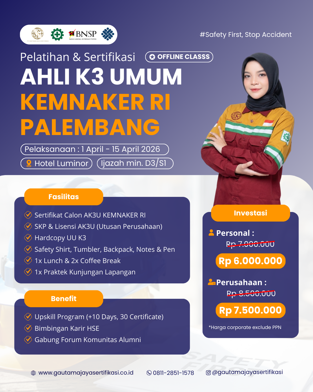 Pelatihan & Sertifikasi Ahli K3 Umum Kemnaker RI Regional Palembang (Offline Class)