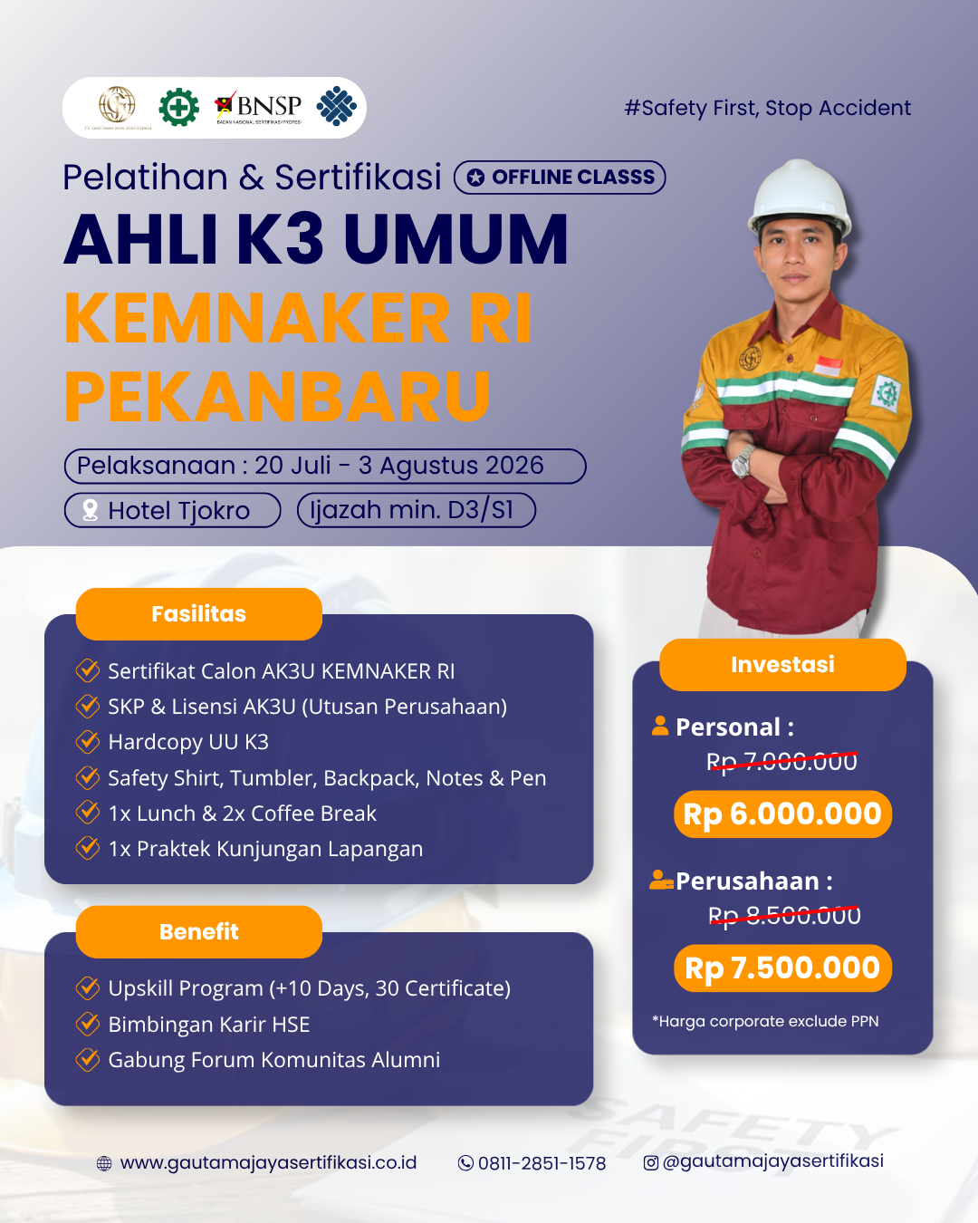 Pelatihan & Sertifikasi Ahli K3 Umum KEMNAKER RI Regional Pekanbaru (Offline Class)