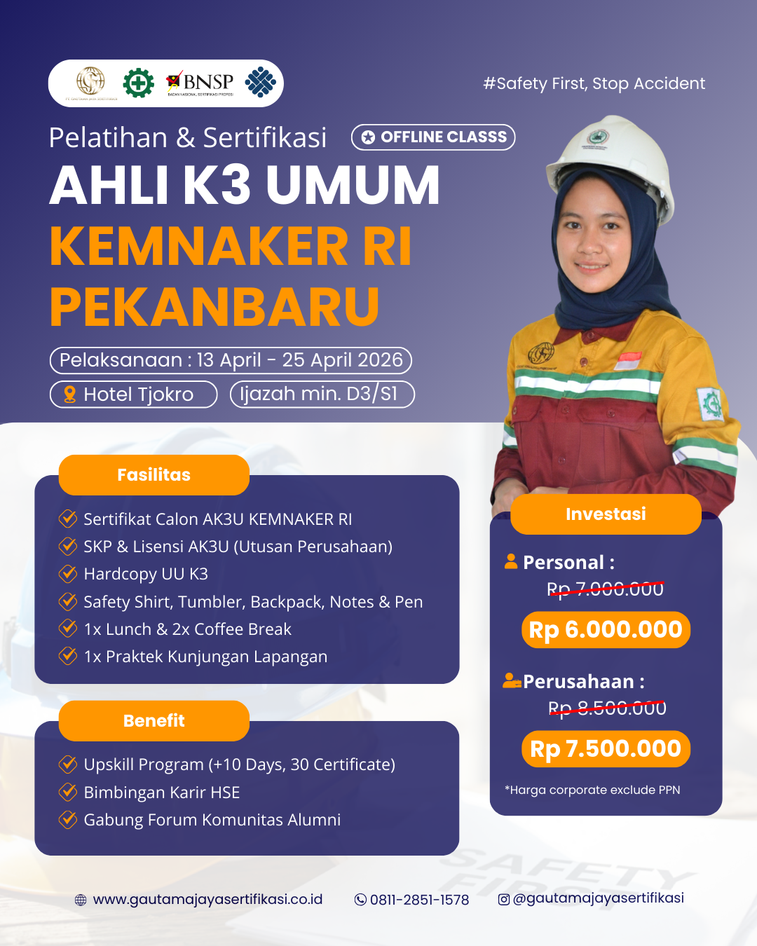 Pelatihan & Sertifikasi Ahli K3 Umum KEMNAKER RI Regional Pekanbaru (Offline Class)
