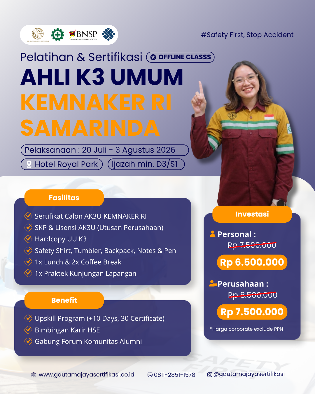 Pelatihan & Sertifikasi Ahli K3 Umum KEMNAKER RI Regional Samarinda (Offline Class)