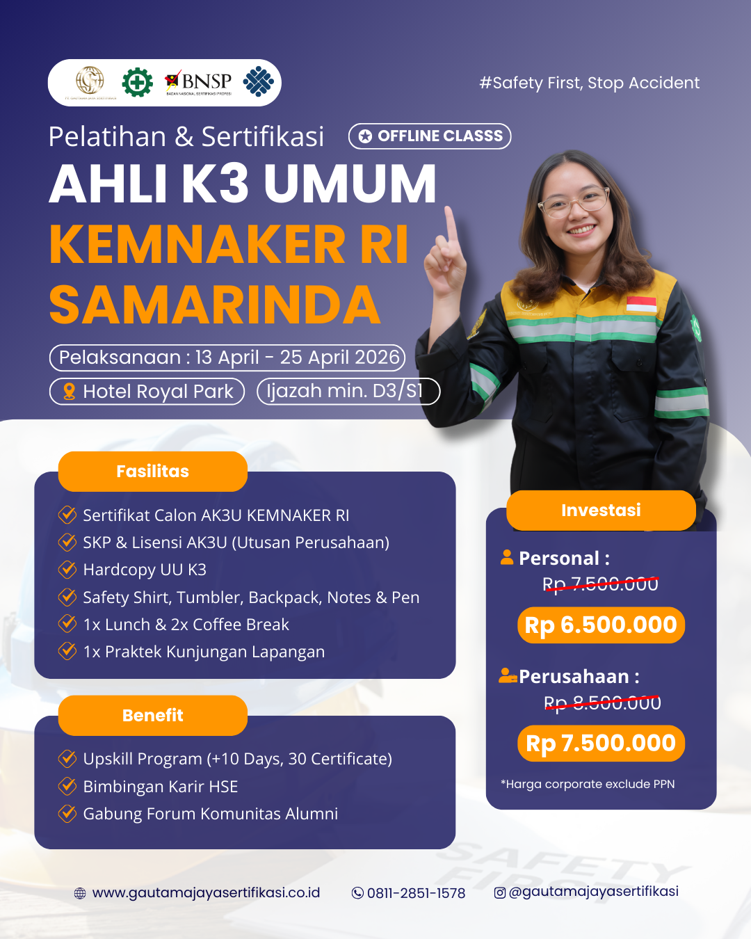 Pelatihan & Sertifikasi Ahli K3 Umum KEMNAKER RI Regional Samarinda (Offline Class)