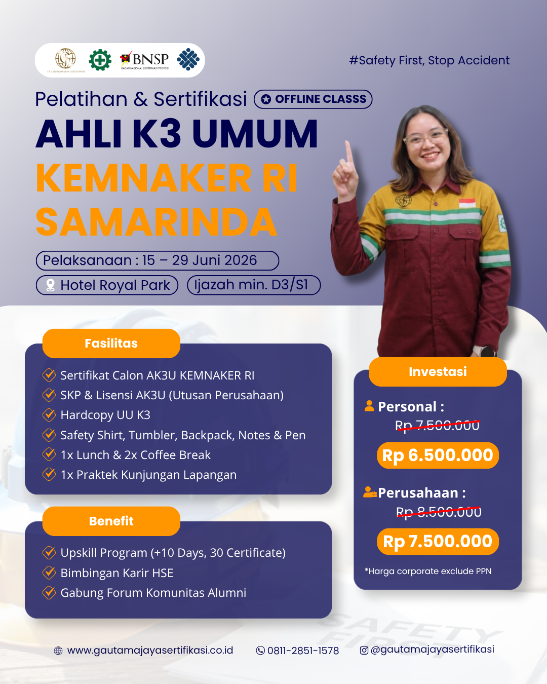 Pelatihan & Sertifikasi Ahli K3 Umum KEMNAKER RI Regional Samarinda (Offline Class)