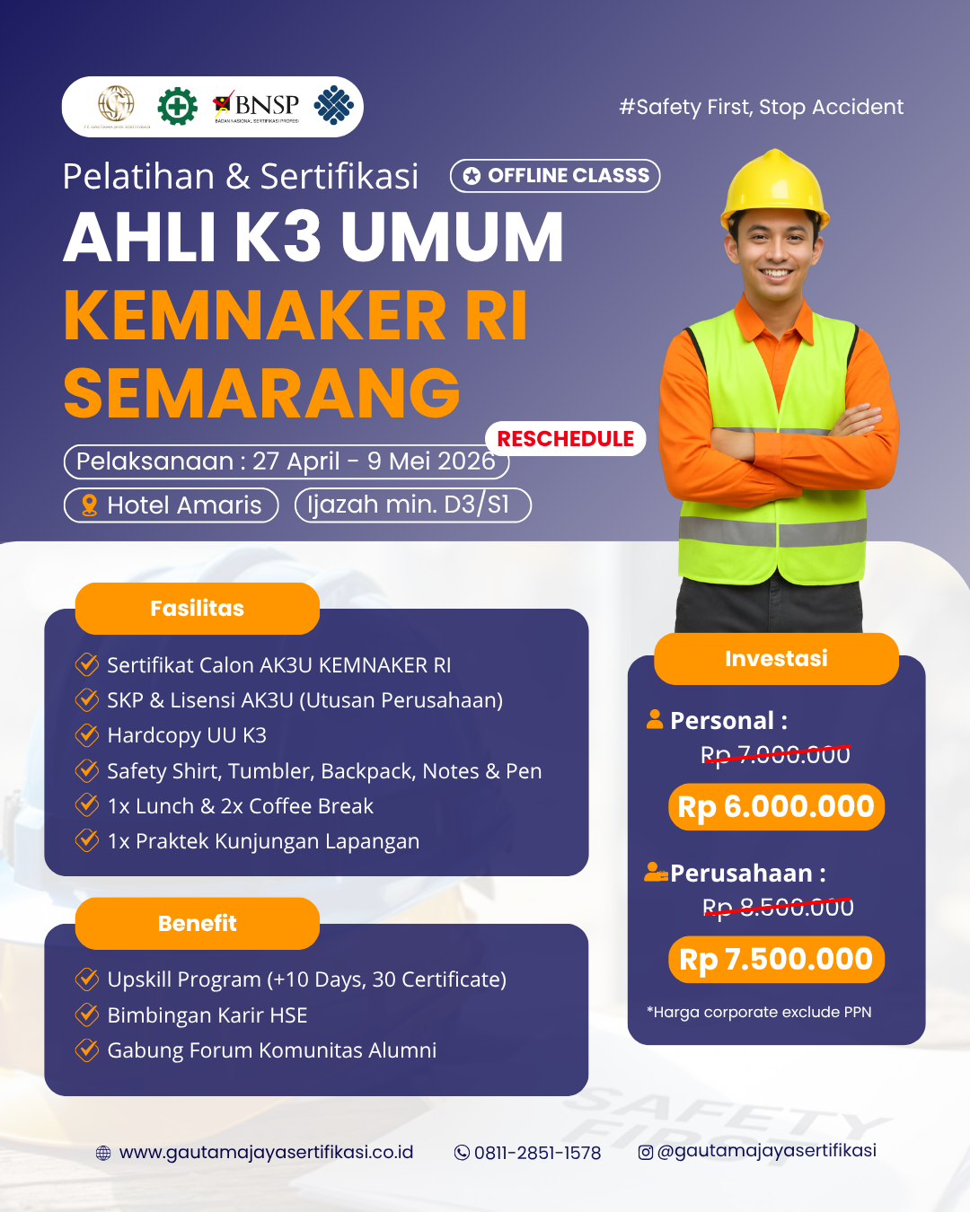 Pelatihan & Sertifikasi Ahli K3 Umum KEMNAKER RI Regional Semarang (Offline Class)  