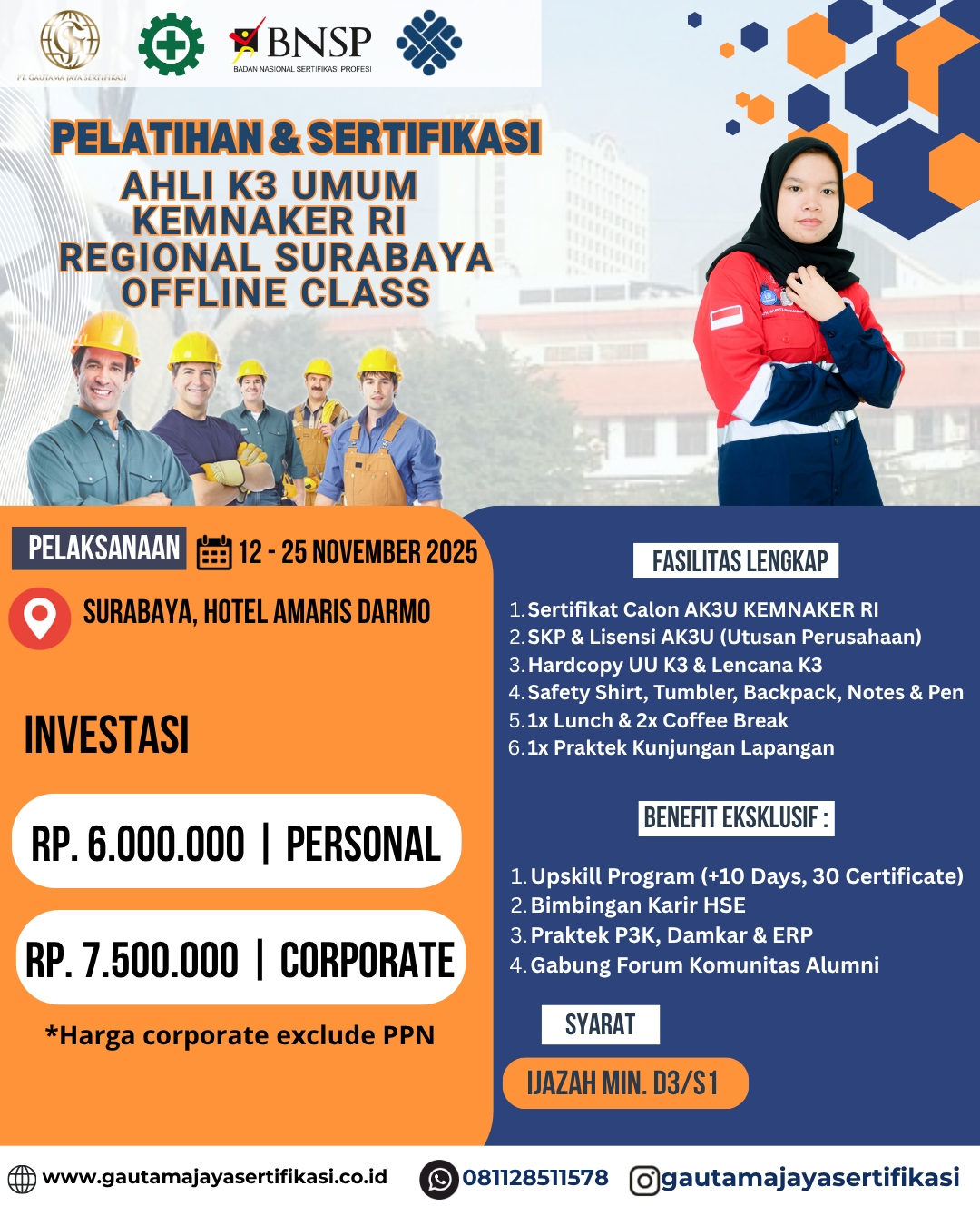 Pelatihan & Sertifikasi Ahli K3 Umum KEMNAKER RI Regional Surabaya