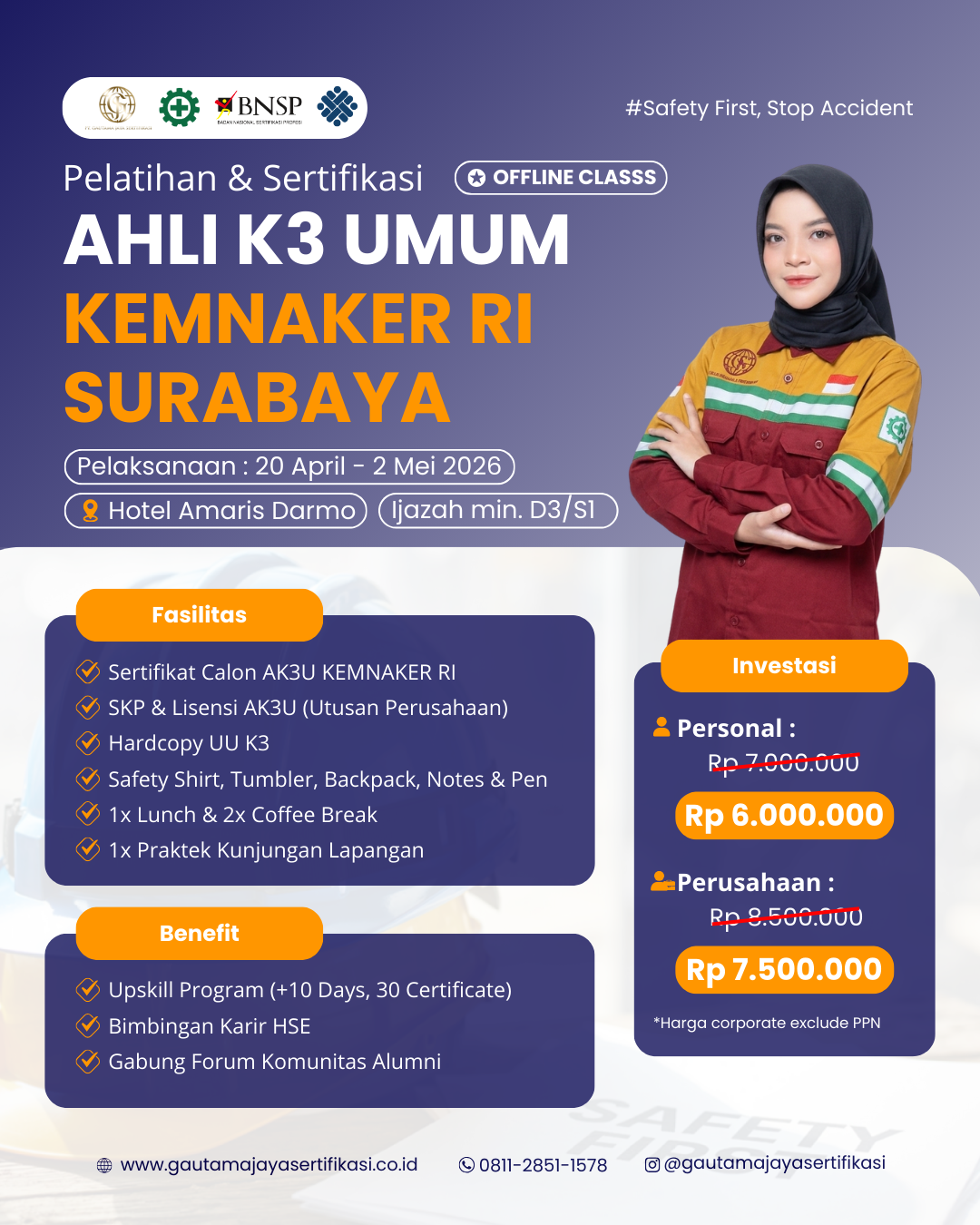 Pelatihan & Sertifikasi Ahli K3 Umum Kemnaker RI Regional Surabaya (Offline Class)