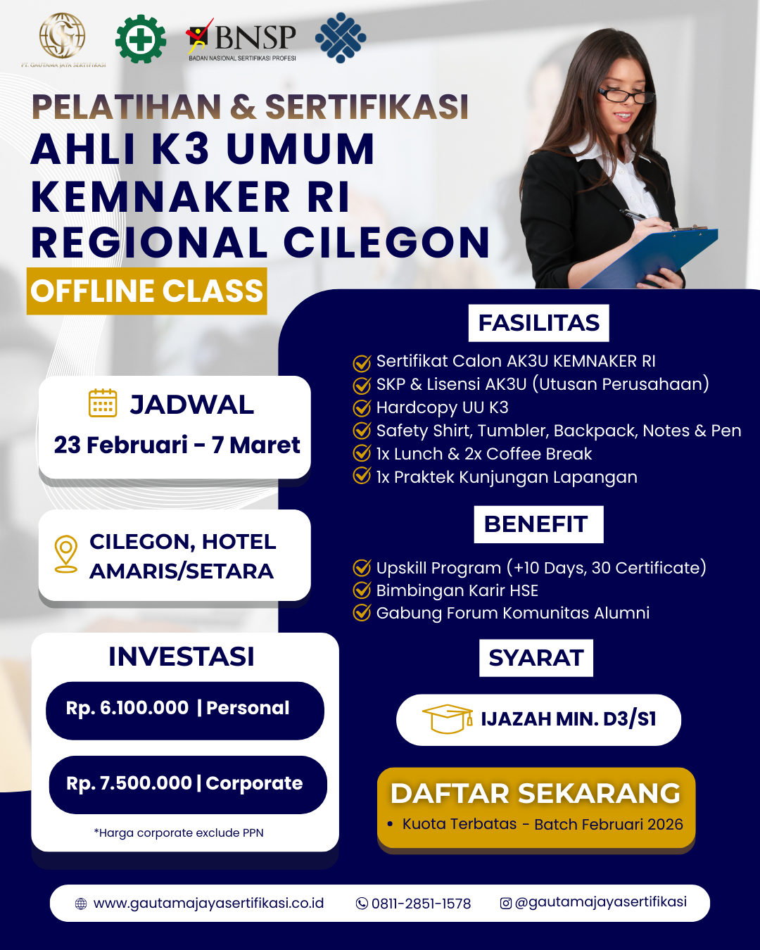 Pelatihan & Sertifikasi Ahli K3 Umum KEMNAKER RI – Regional Cilegon (Offline Class)