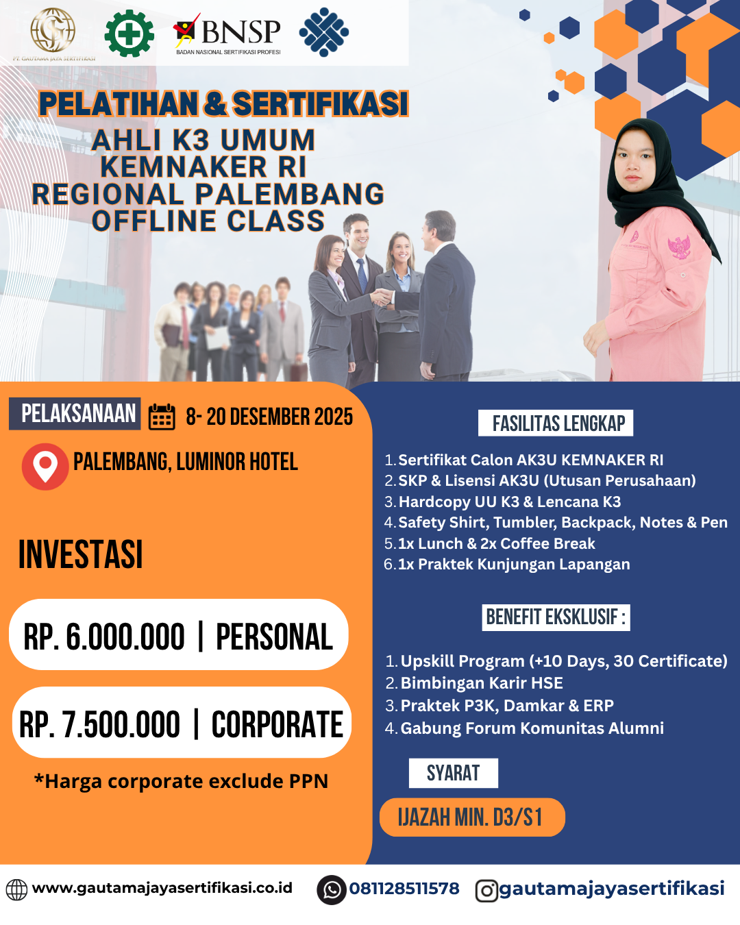 Pelatihan & Sertifikasi Ahli K3 Umum KEMNAKER RI – Regional Palembang (Offline Class)