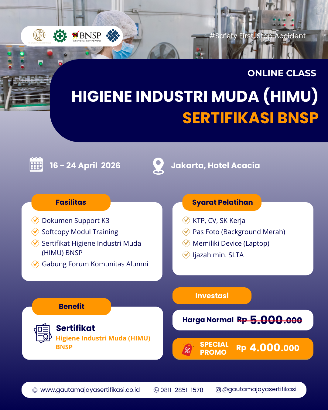 Pelatihan & Sertifikasi Higiene Industri Muda (HIMU) Sertifikasi BNSP