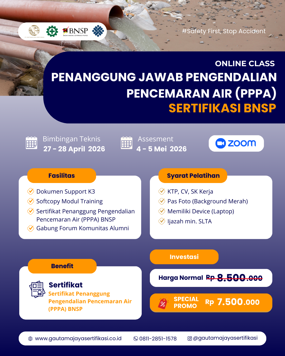 Pelatihan & Sertifikasi Penanggung Jawab Pengendalian Pencemaran Air (PPPA) Sertifikasi BNSP