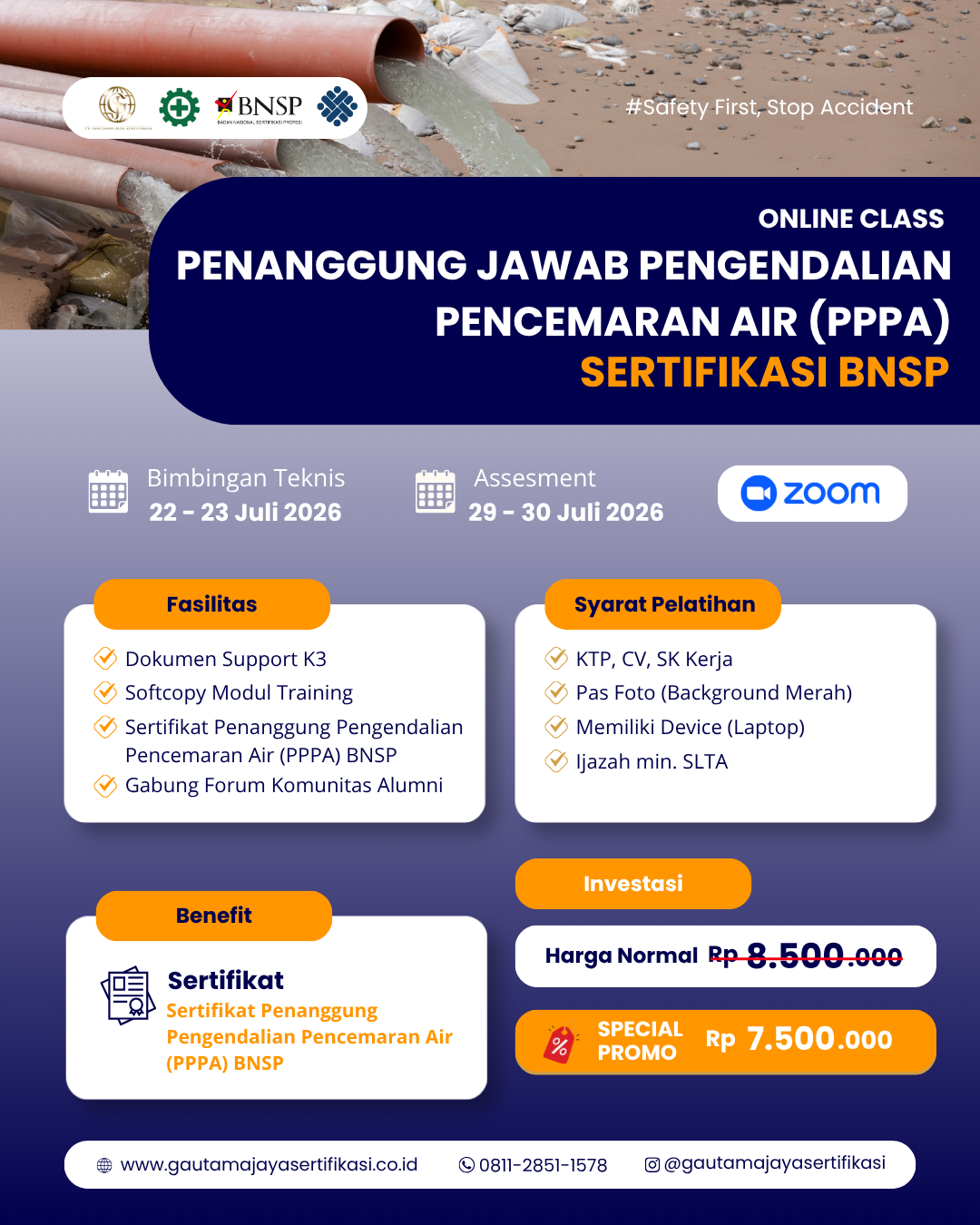 Pelatihan & Sertifikasi Penanggung Jawab Pengendalian Pencemaran Air (PPPA) Sertifikasi BNSP