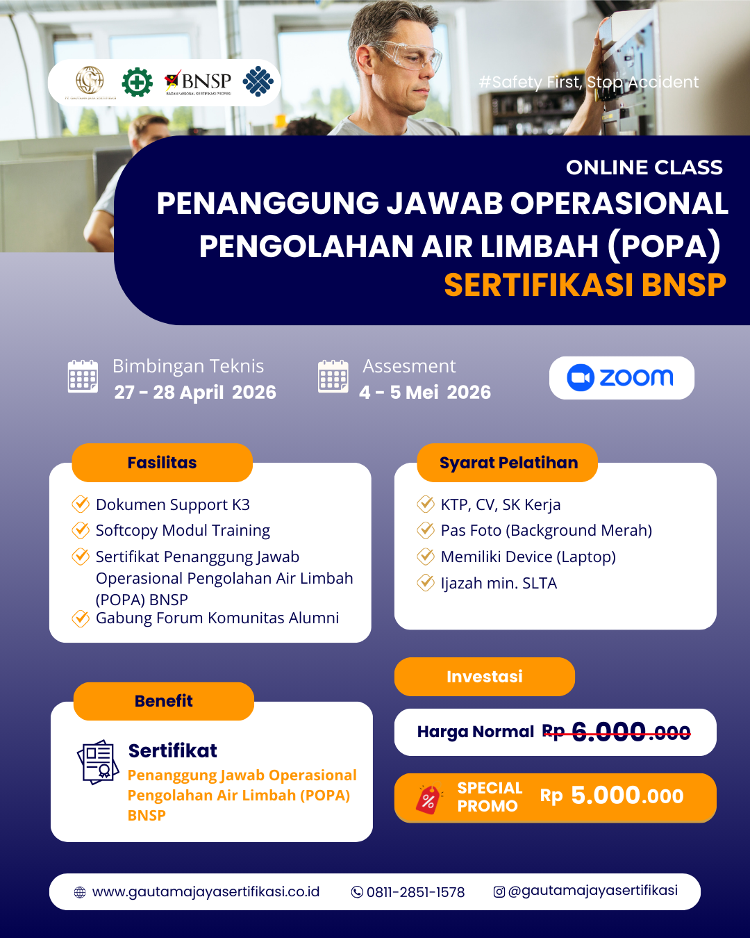 Penanggung Jawab Operasional Pengolahan Air Limbah (POPA) Sertifikasi BNSP